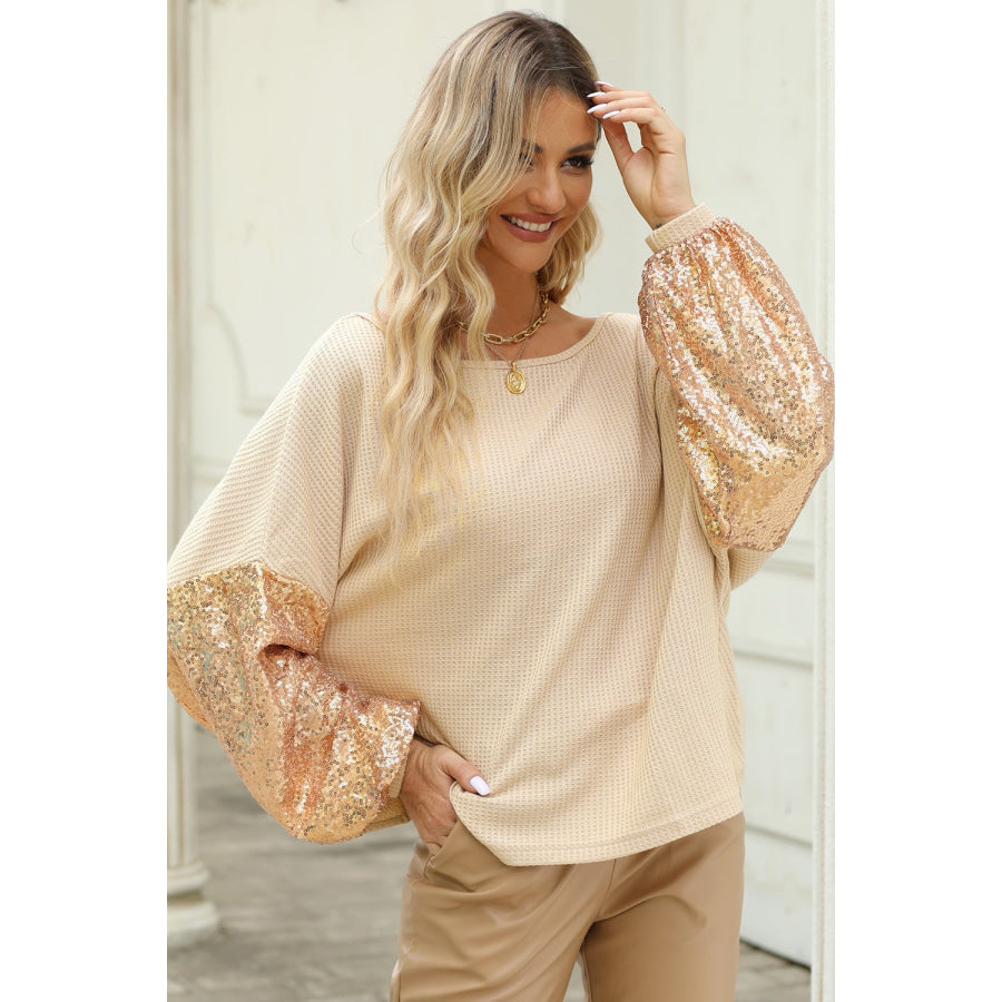 Sequin Crisscross Boat Neck Long Sleeve Blouse Apparel and Accessories