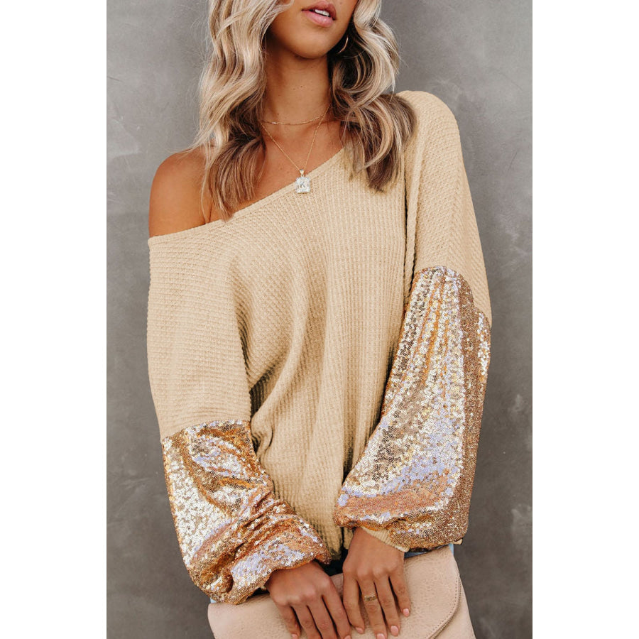 Sequin Crisscross Boat Neck Long Sleeve Blouse Apricot / S Apparel and Accessories