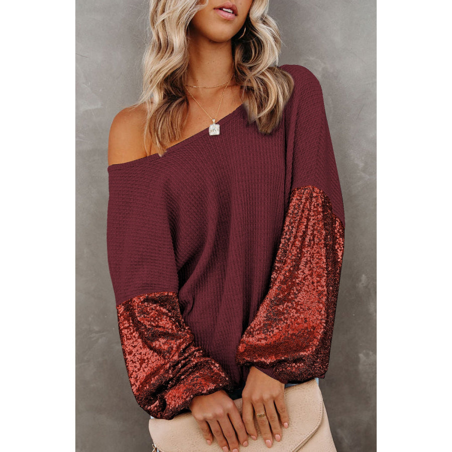 Sequin Crisscross Boat Neck Long Sleeve Blouse Burgundy / S Apparel and Accessories