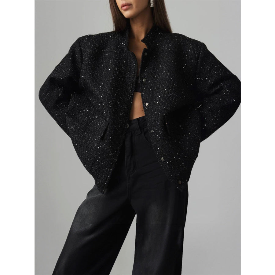 Sequin Detail Pocketed Long Sleeve Jacket Black / S Apparel and Accessories