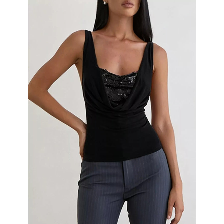 Sequin Detail Ruched Tank Black / S Apparel and Accessories