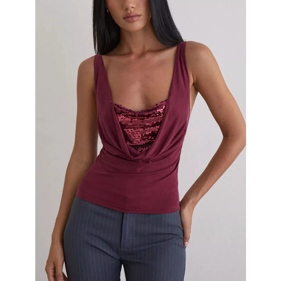 Sequin Detail Ruched Tank Burgundy / S Apparel and Accessories
