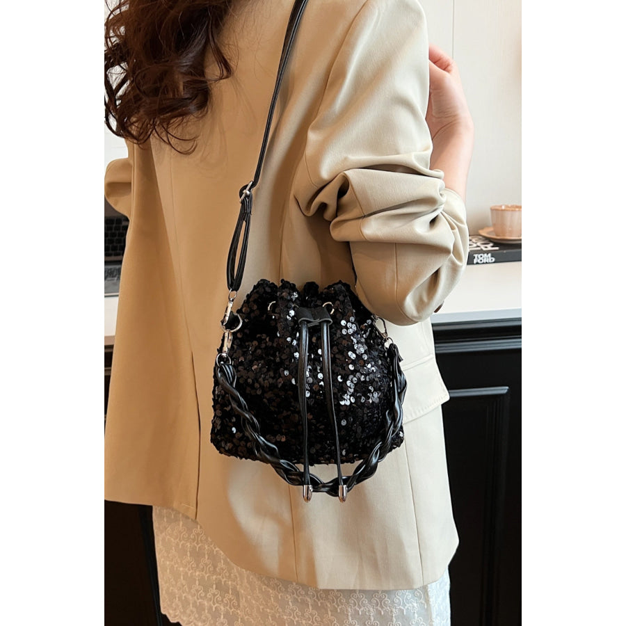 Sequin Drawstring Bucket Bag Black / One Size Apparel and Accessories