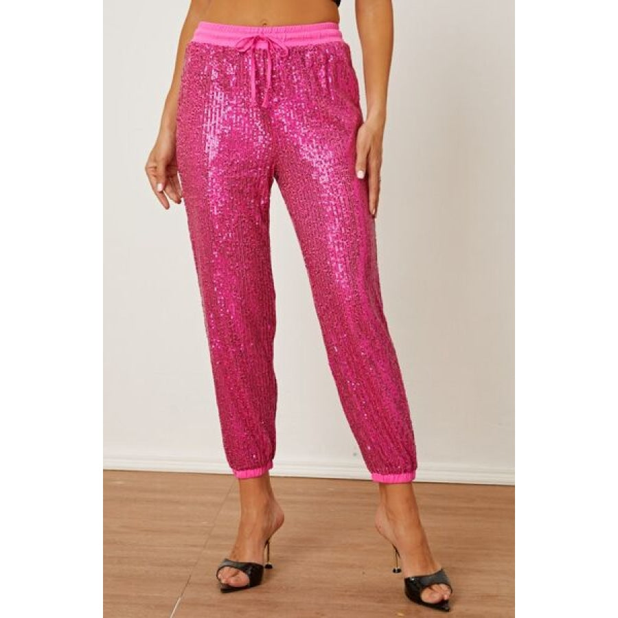 Sequin Drawstring Pants with Pockets Hot Pink / S Clothing