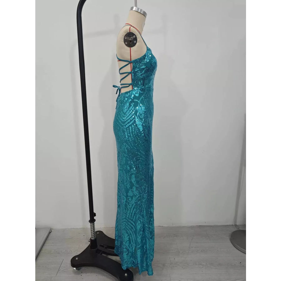 Sequin Embellished Bodycon Backless Evening Dress with Back Lace-Up Apparel and Accessories