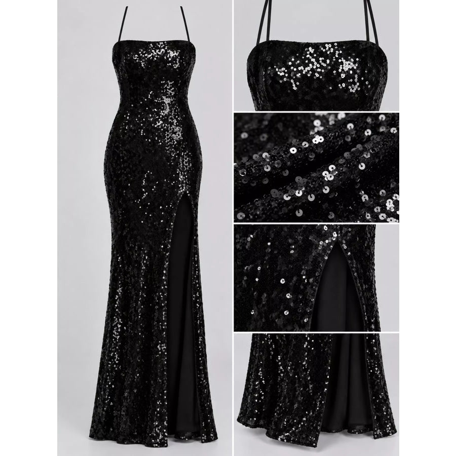 Sequin Embellished Bodycon Backless Evening Dress with Back Lace-Up Apparel and Accessories
