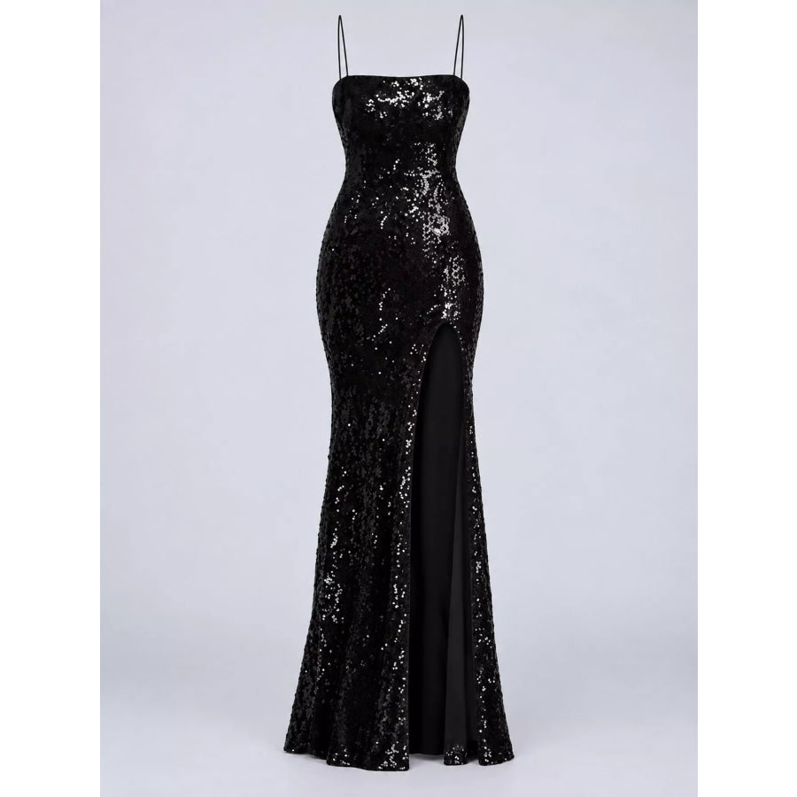 Sequin Embellished Bodycon Backless Evening Dress with Back Lace-Up Apparel and Accessories
