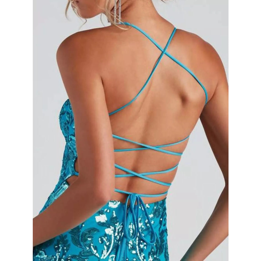 Sequin Embellished Bodycon Backless Evening Dress with Back Lace-Up Apparel and Accessories