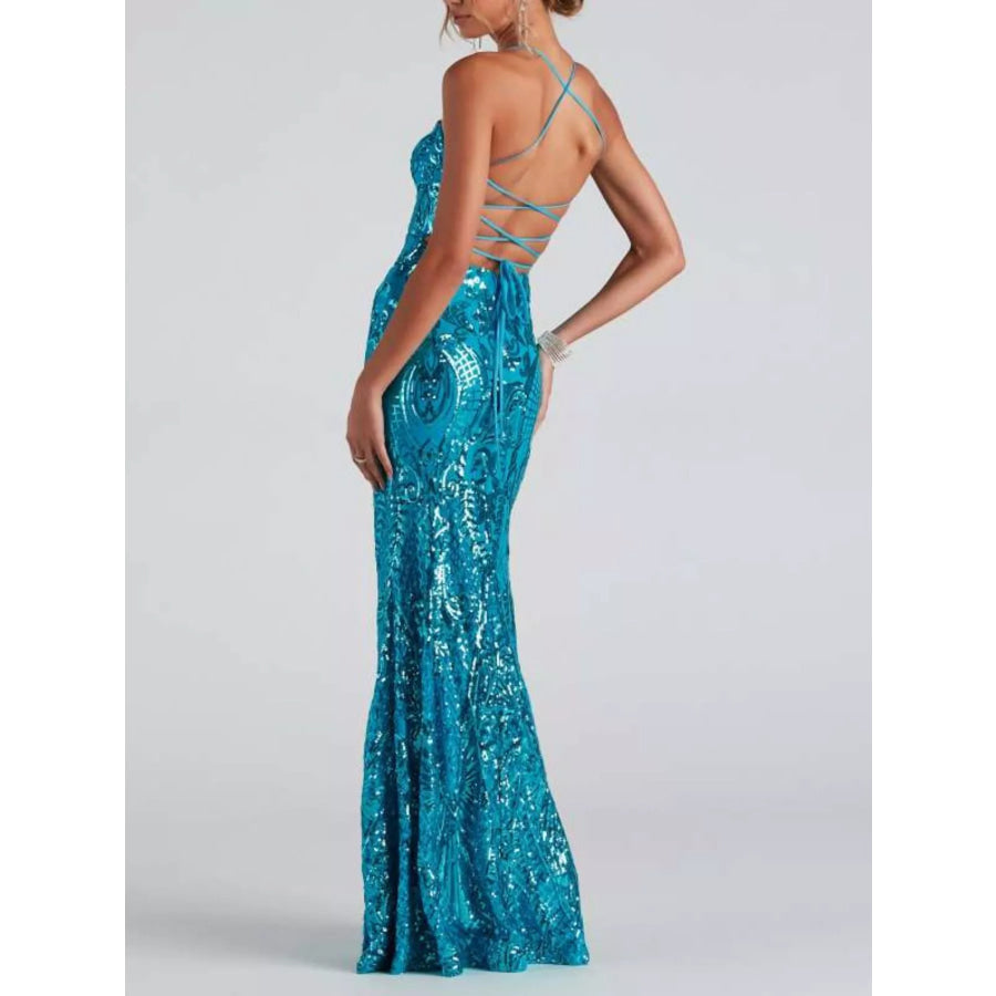 Sequin Embellished Bodycon Backless Evening Dress with Back Lace-Up Apparel and Accessories