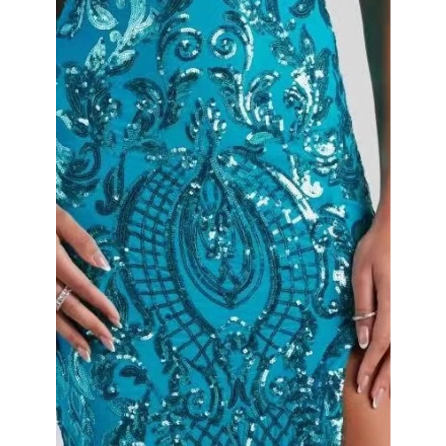 Sequin Embellished Bodycon Backless Evening Dress with Back Lace-Up Apparel and Accessories