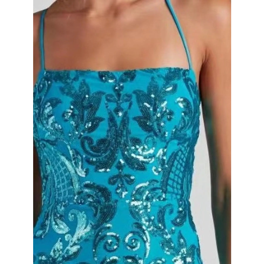 Sequin Embellished Bodycon Backless Evening Dress with Back Lace-Up Apparel and Accessories