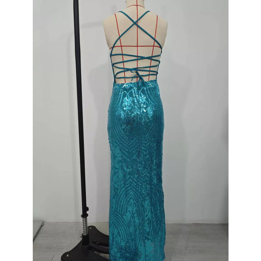 Sequin Embellished Bodycon Backless Evening Dress with Back Lace-Up Apparel and Accessories