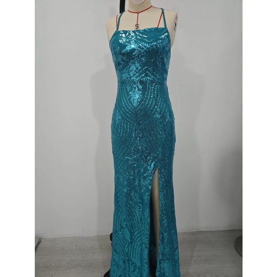 Sequin Embellished Bodycon Backless Evening Dress with Back Lace-Up Apparel and Accessories