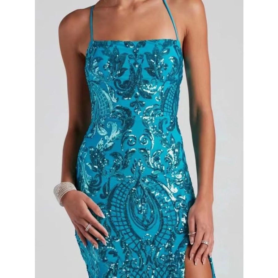 Sequin Embellished Bodycon Backless Evening Dress with Back Lace-Up Apparel and Accessories