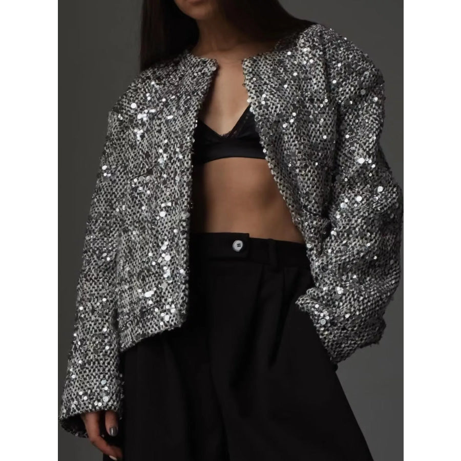 Sequin Embellished Cropped Jacket Silver / XS Apparel and Accessories