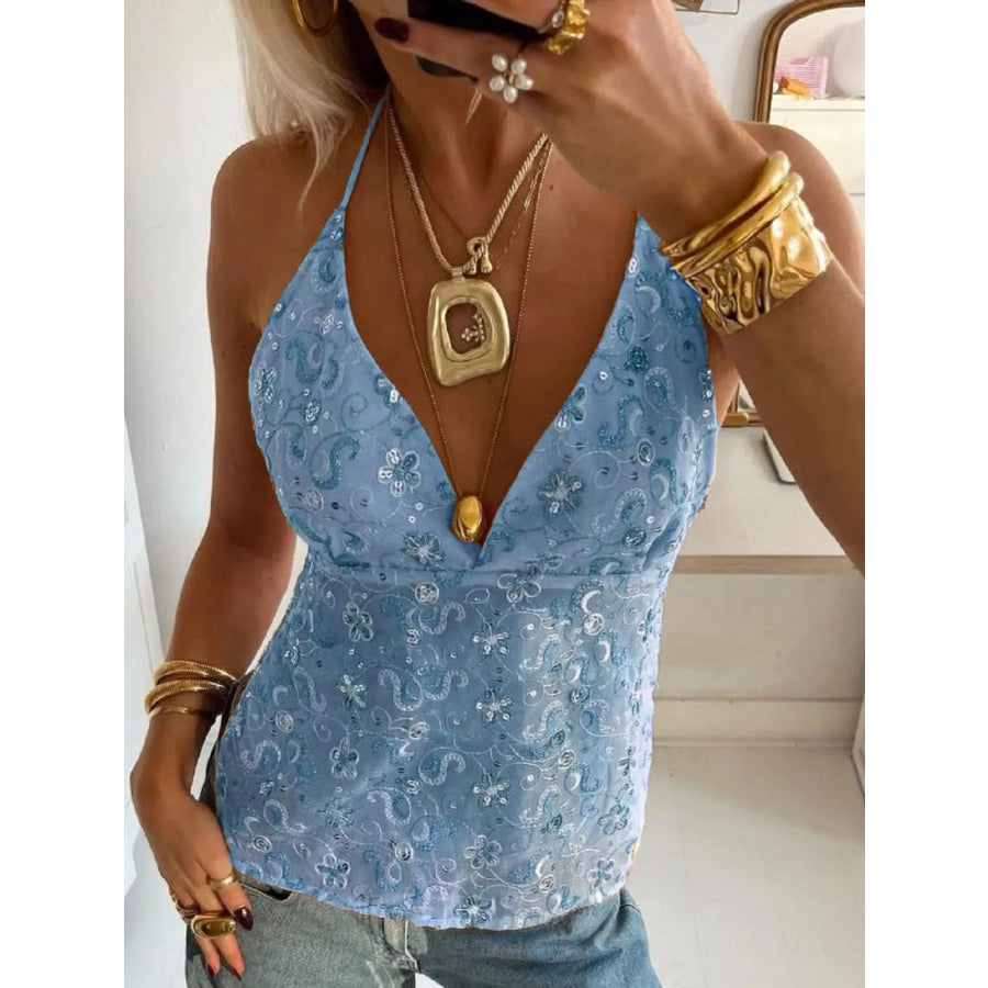 Sequin Embellished Halter Neck Cami Blue / S Apparel and Accessories