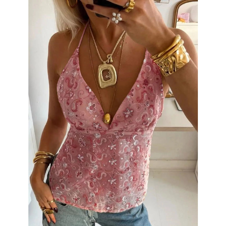 Sequin Embellished Halter Neck Cami Pink / S Apparel and Accessories