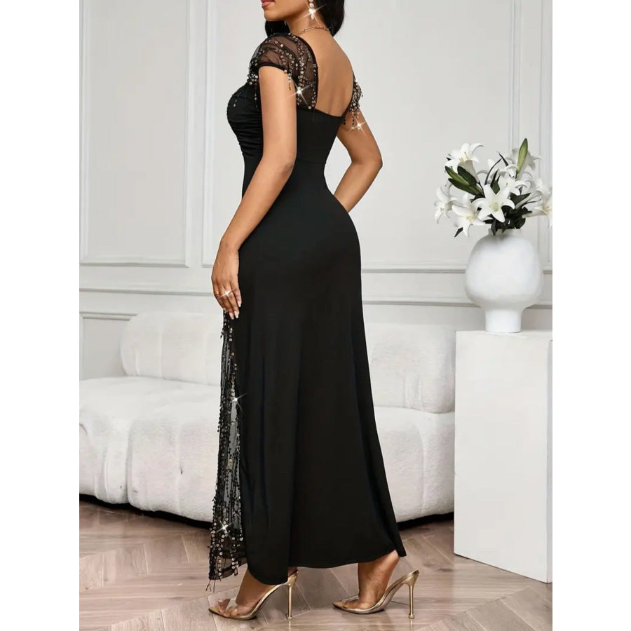 Sequin Embellished Ruched Maxi Dress Black / S Apparel and Accessories