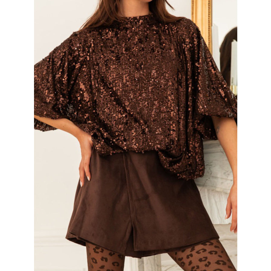 Sequin Embellished Tie-Back Blouse Dark Brown / S Apparel and Accessories