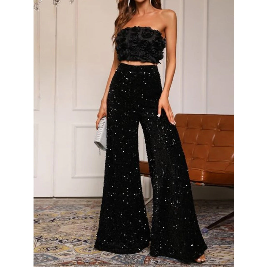 Sequin Embellished Wide Leg Pants Black / S Apparel and Accessories