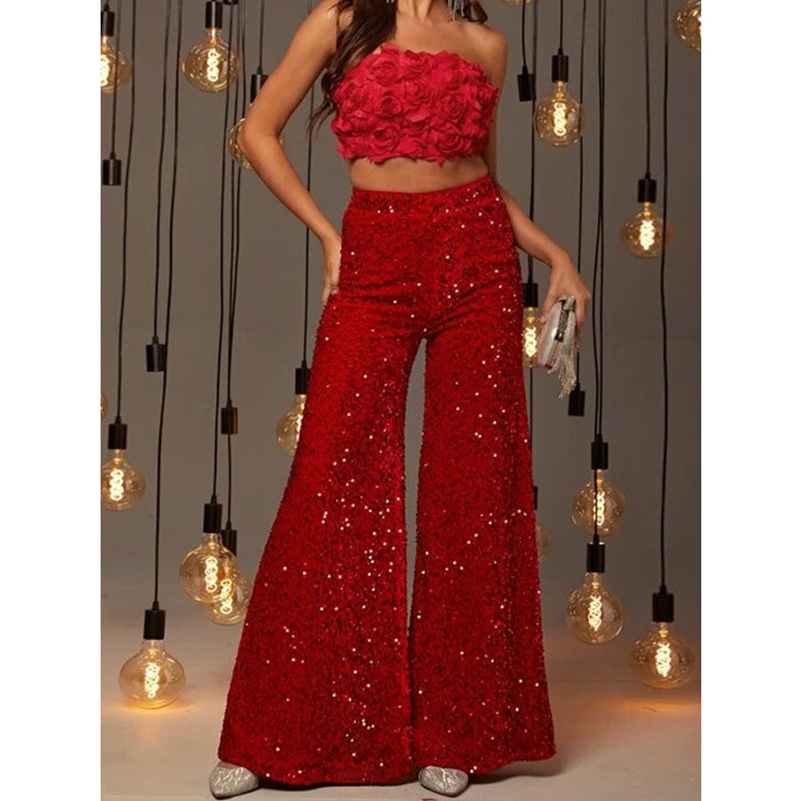 Sequin Embellished Wide Leg Pants Red / S Apparel and Accessories