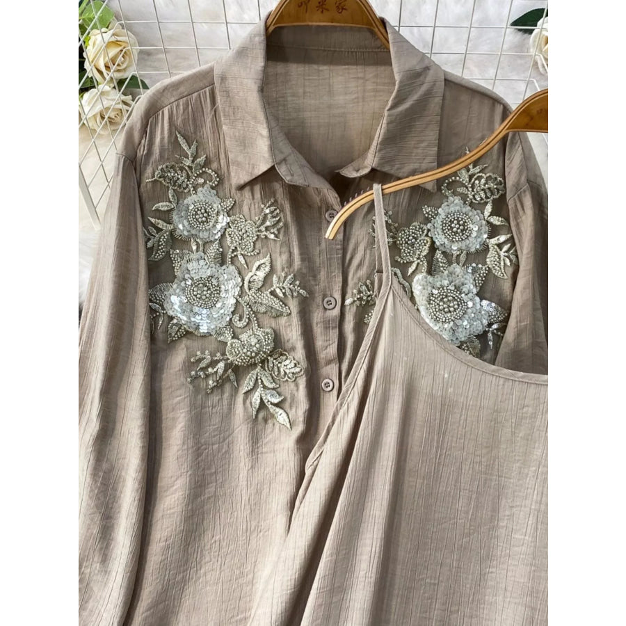 Sequin Flower Button Up Shirt and Cami Dress Set Apparel Accessories
