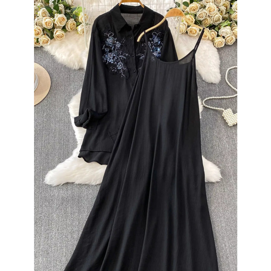 Sequin Flower Button Up Shirt and Cami Dress Set Apparel Accessories
