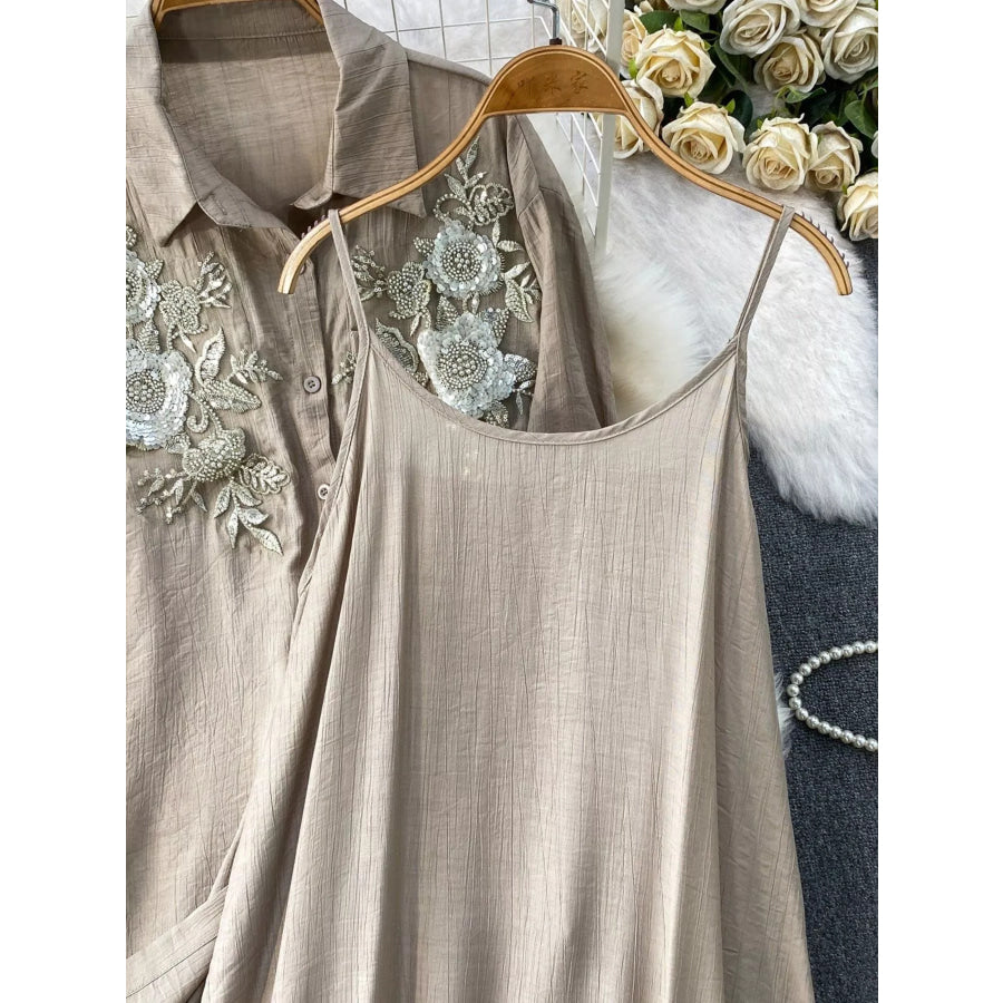Sequin Flower Button Up Shirt and Cami Dress Set Apparel Accessories