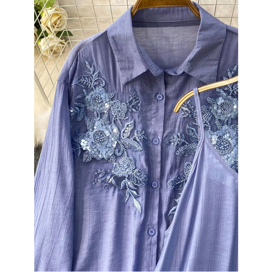 Sequin Flower Button Up Shirt and Cami Dress Set Apparel Accessories