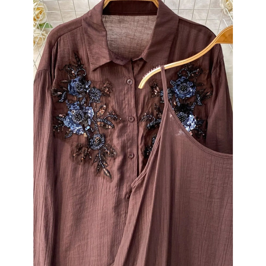 Sequin Flower Button Up Shirt and Cami Dress Set Apparel Accessories