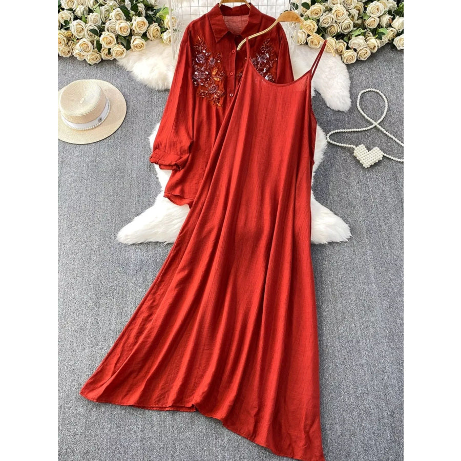 Sequin Flower Button Up Shirt and Cami Dress Set Apparel Accessories
