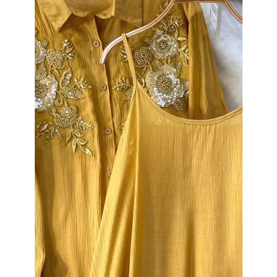 Sequin Flower Button Up Shirt and Cami Dress Set Apparel Accessories