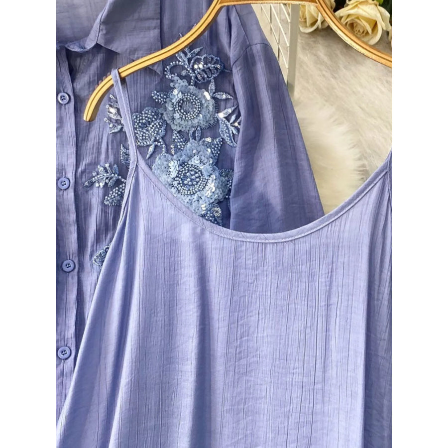 Sequin Flower Button Up Shirt and Cami Dress Set Apparel Accessories