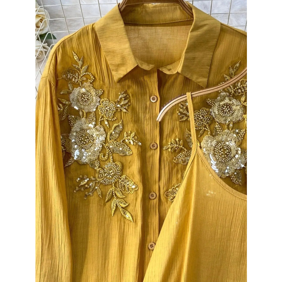 Sequin Flower Button Up Shirt and Cami Dress Set Apparel Accessories