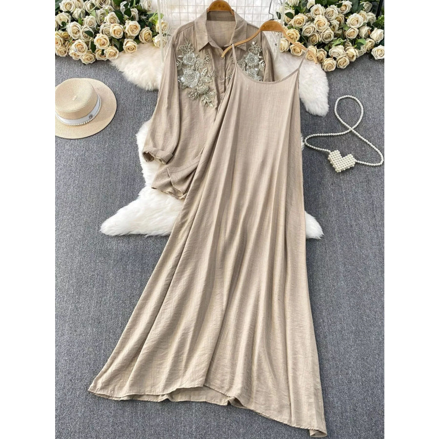 Sequin Flower Button Up Shirt and Cami Dress Set Apricot / One Size Apparel Accessories