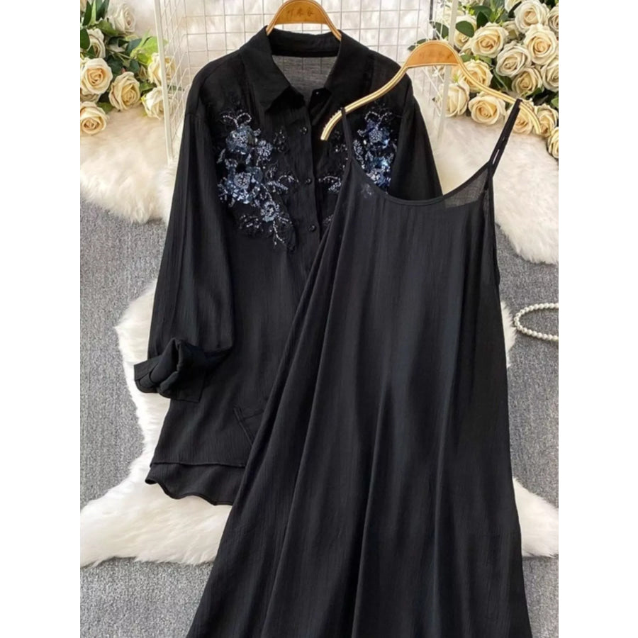 Sequin Flower Button Up Shirt and Cami Dress Set Black / One Size Apparel Accessories