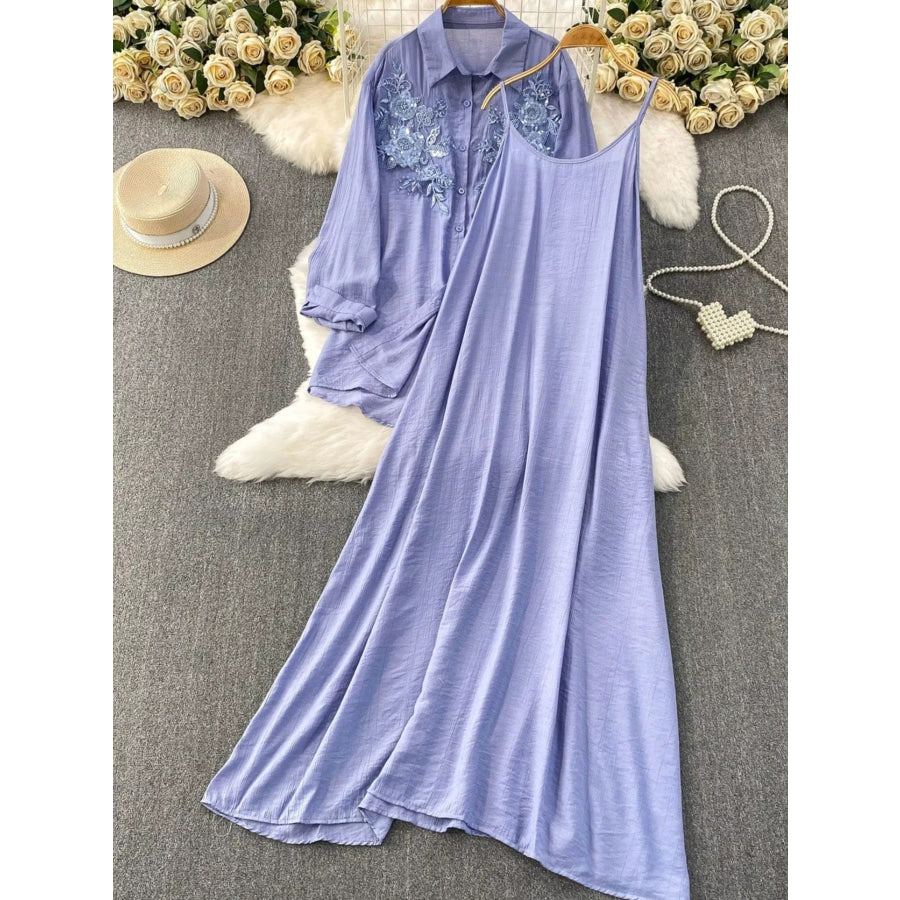 Sequin Flower Button Up Shirt and Cami Dress Set Blue / One Size Apparel Accessories