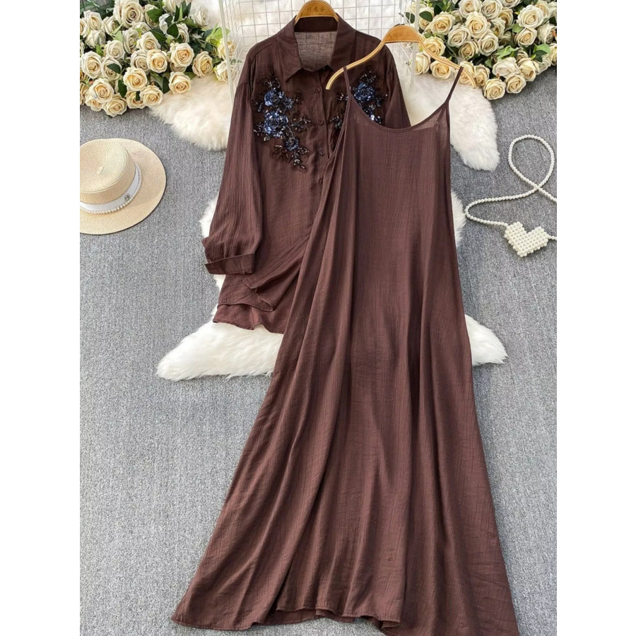 Sequin Flower Button Up Shirt and Cami Dress Set Brown / One Size Apparel Accessories