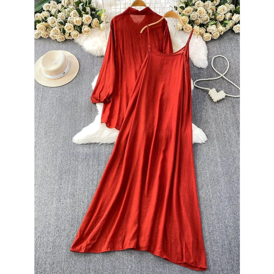 Sequin Flower Button Up Shirt and Cami Dress Set Red / One Size Apparel Accessories