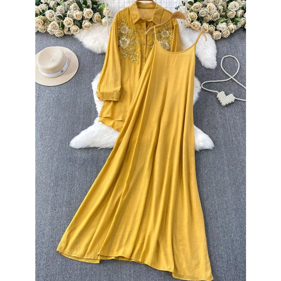 Sequin Flower Button Up Shirt and Cami Dress Set Yellow / One Size Apparel Accessories