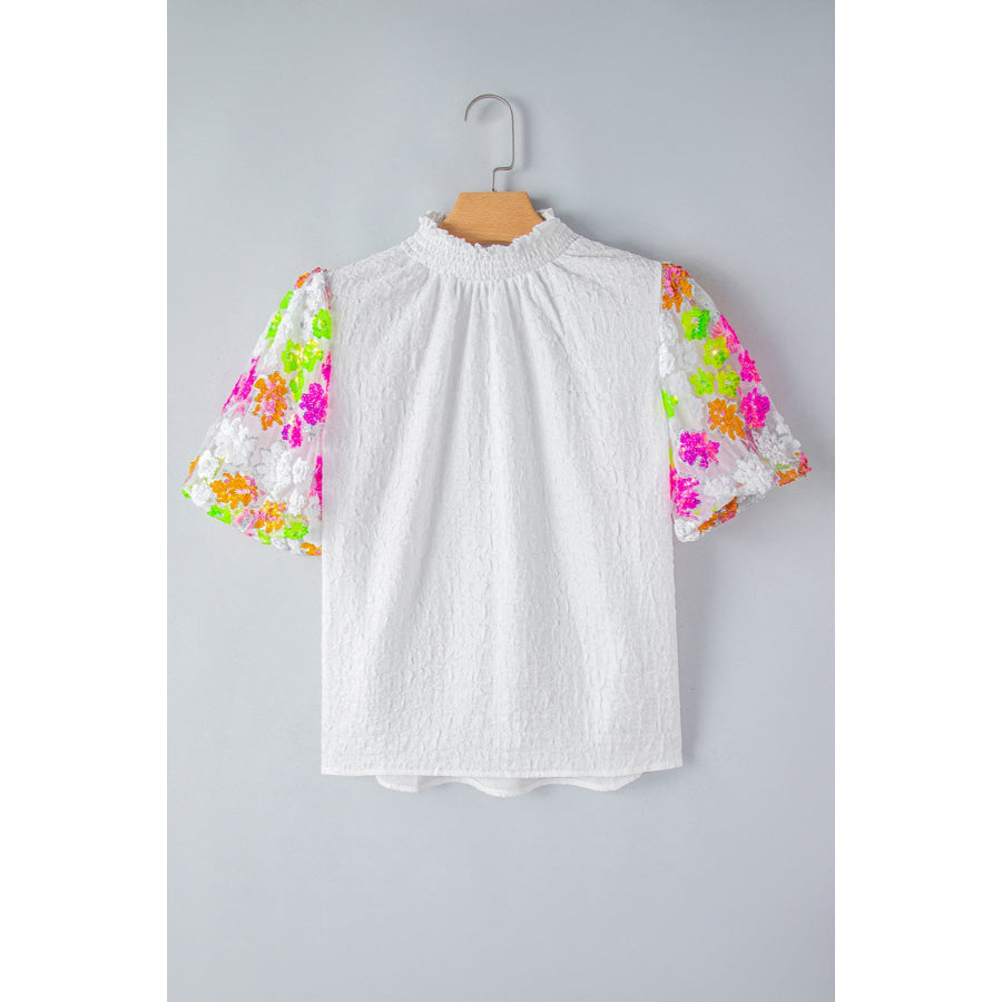 Sequin Flower Mock Neck Half Sleeve Blouse Apparel and Accessories