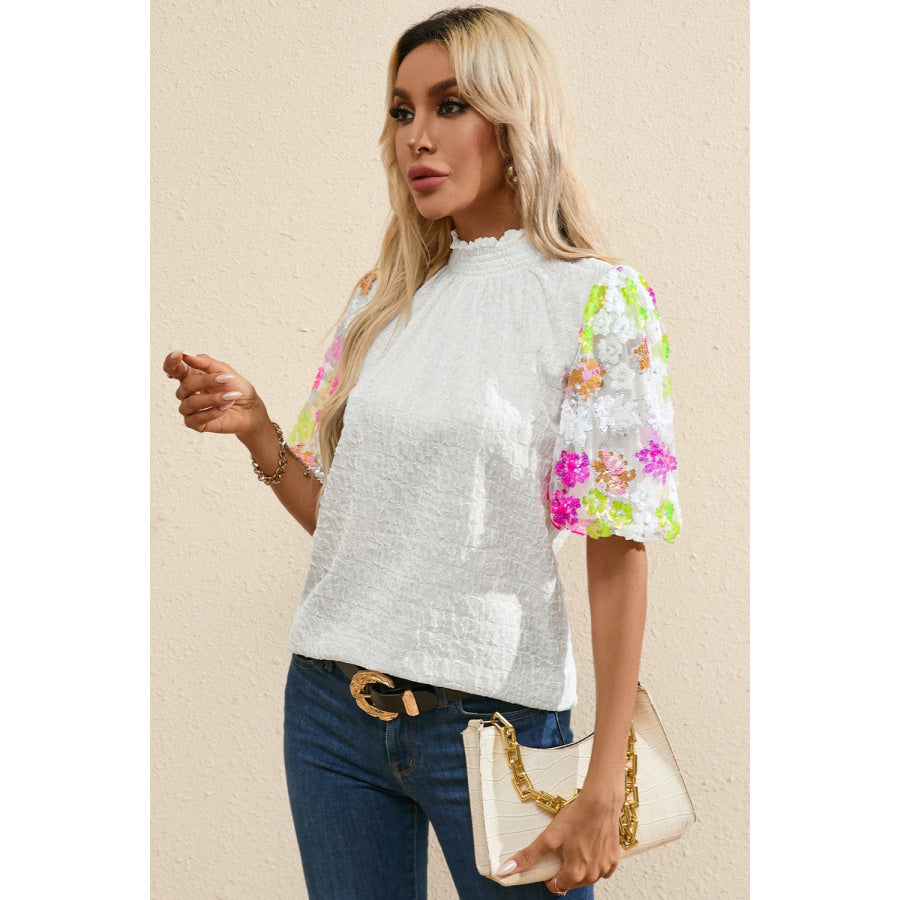 Sequin Flower Mock Neck Half Sleeve Blouse Apparel and Accessories