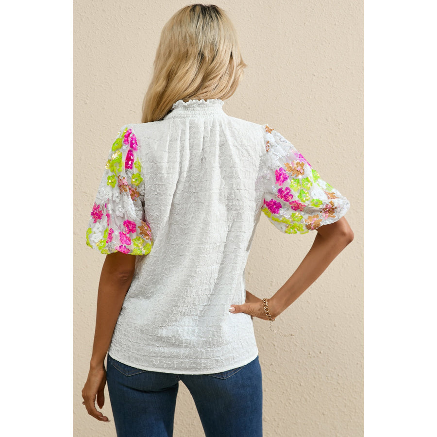 Sequin Flower Mock Neck Half Sleeve Blouse Apparel and Accessories