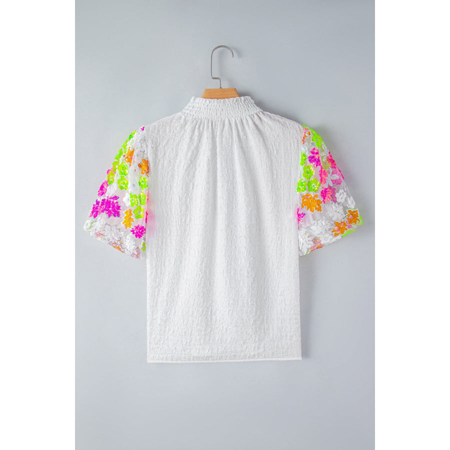 Sequin Flower Mock Neck Half Sleeve Blouse Apparel and Accessories