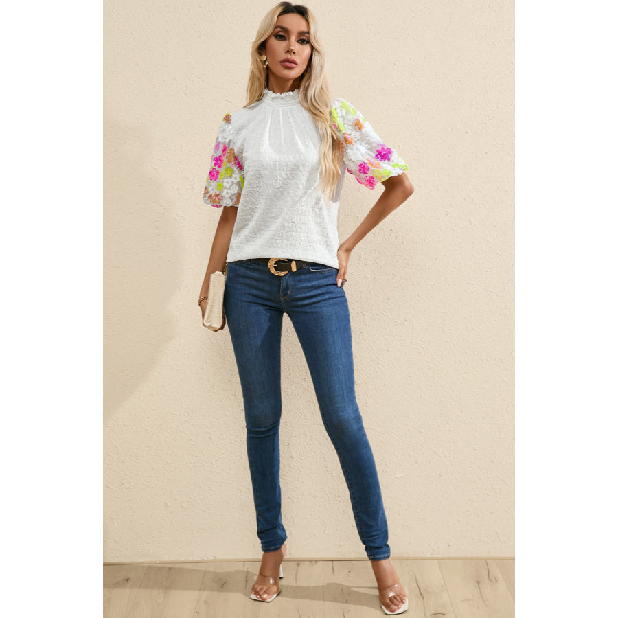 Sequin Flower Mock Neck Half Sleeve Blouse Apparel and Accessories