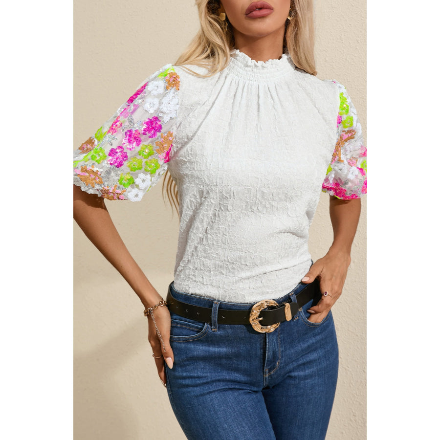 Sequin Flower Mock Neck Half Sleeve Blouse White / S Apparel and Accessories