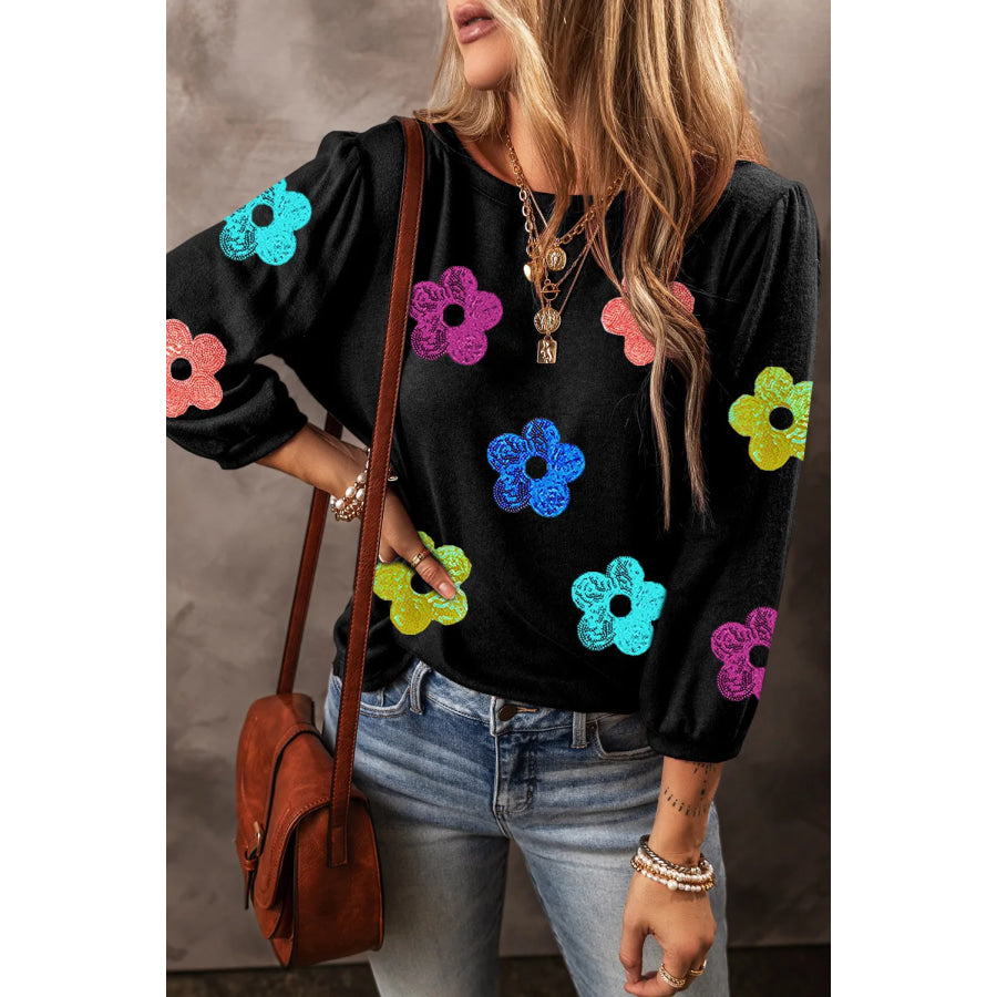 Sequin Flower Round Neck Blouse Apparel and Accessories