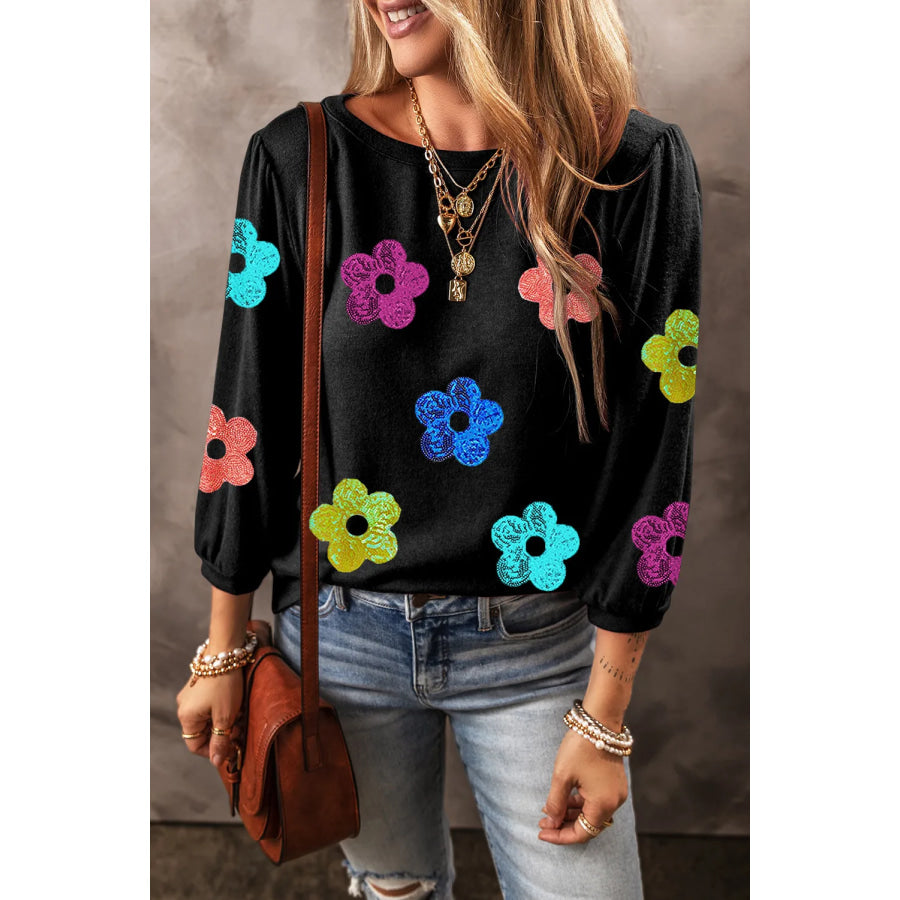 Sequin Flower Round Neck Blouse Black / S Apparel and Accessories