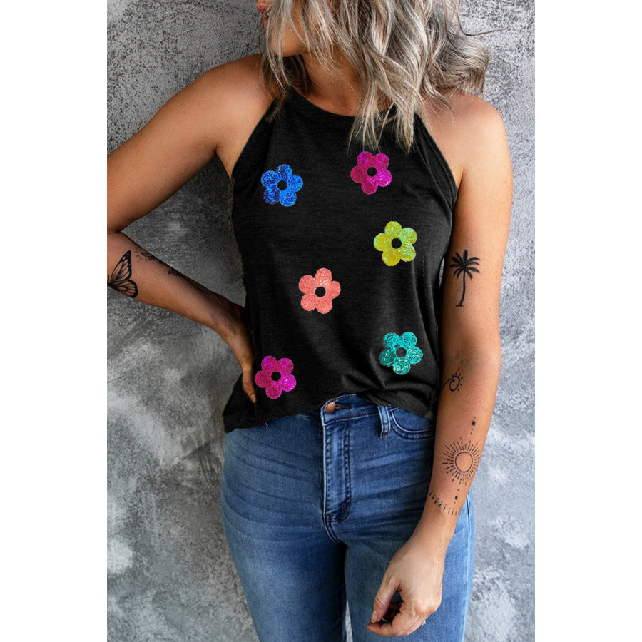 Sequin Flower Round Neck Tank Apparel and Accessories