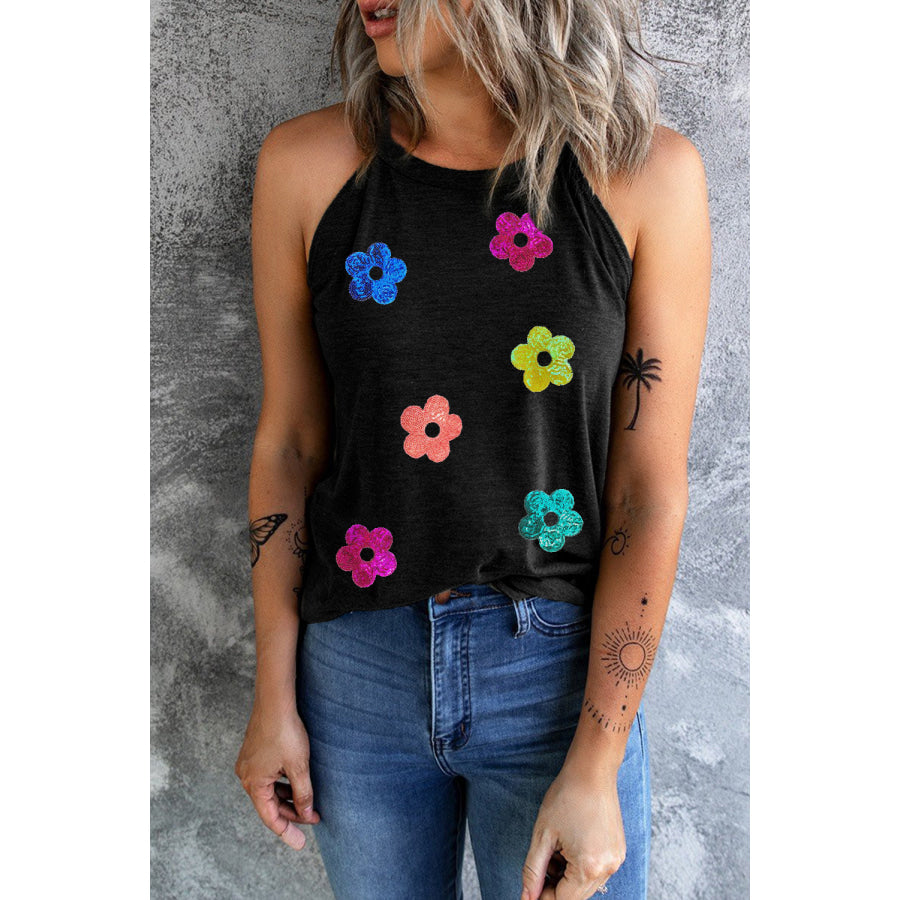 Sequin Flower Round Neck Tank Black / S Apparel and Accessories